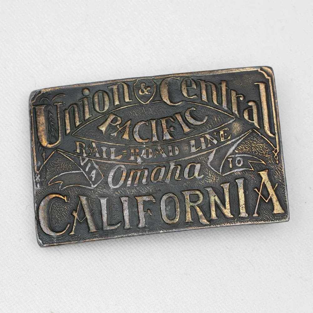 Vtg Union & Central Pacific Belt Buckle Railroad‎ Line Omaha to California Brass